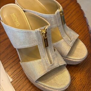 Michael Kors Beige Espadrille Wedge Sandals with Gold Zip Accent
